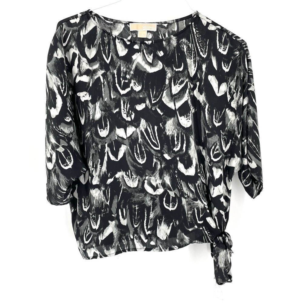 Michael Michael Kors Black Abstract Wide Neck Tie Bottom Blouse Top